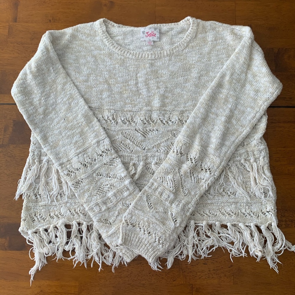 Girl's Justice Cropped Fringe Sweater, 12, Beige